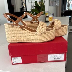 Valentino Brown Studded Leather & Natural Rope Platform Sandals